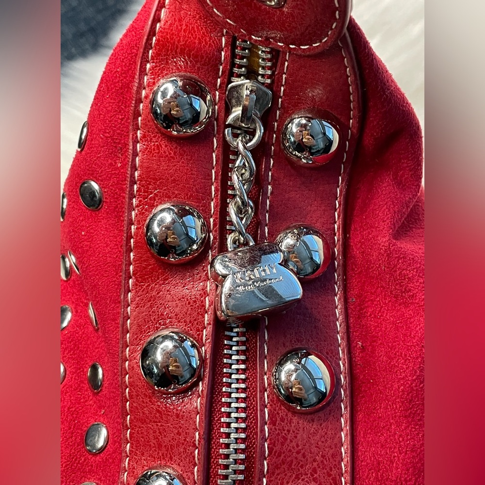 KATHY VAN ZEELAND Red Faux Suede w/Silver Tone Stud Detail Shoulder Bag - Picture 7 of 10